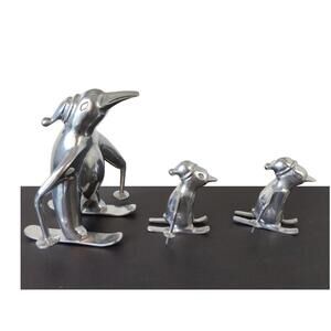 Canada Mid-century Polished Aluminum 10in Skiing Penguins Hand-Made Art-deco